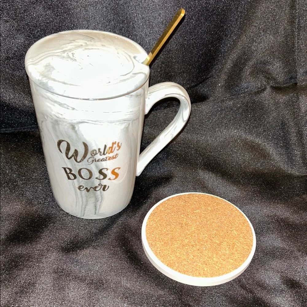 Source Unknown White Marble 'World's Greatest Boss Ever' Mug with Gold Accents